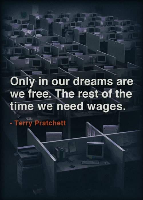 The meme is a humorous take on the concept of "free" and the idea that it's often not as free as we think. The image features a crowded, darkened office space with rows of computers, implying a sense of monotony and drudgery. The text reads: "Only in our dreams are we free. The rest of the time we need wages."